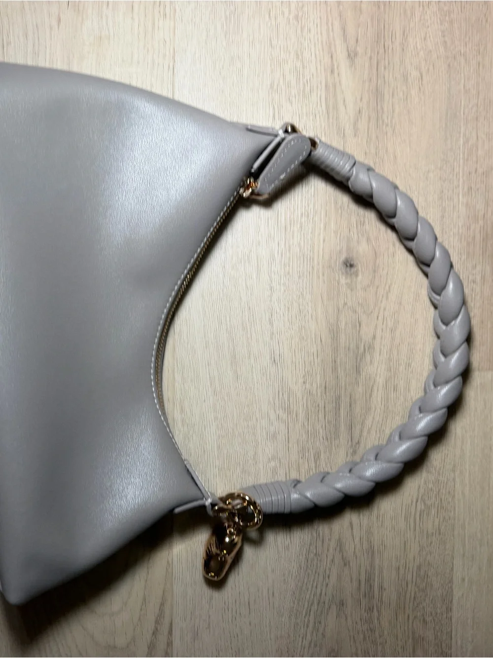 Aupem Soft Gray Braided-Handle Shoulder Bag with Gold Accents